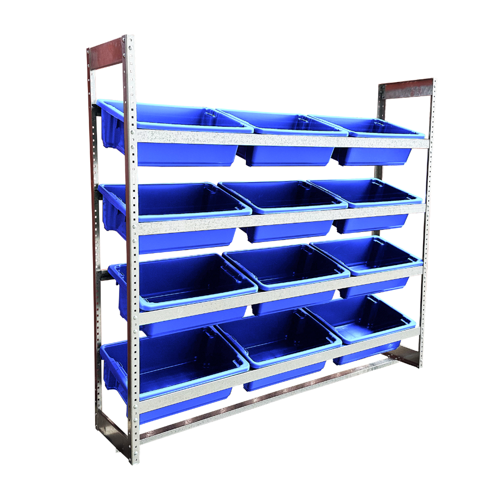 4 Level Bin Action Rack with 12 Blue 32L Bins